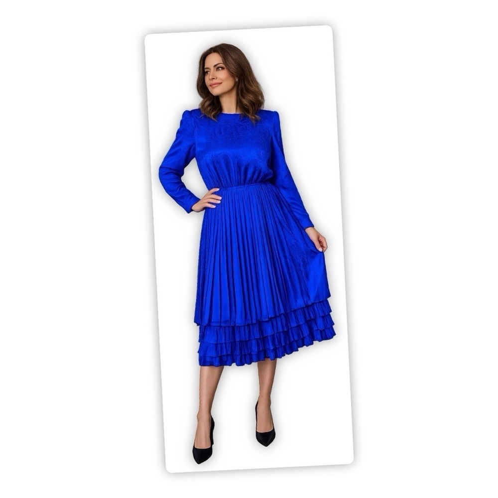 Vintage Enrico Gelini Blue Silk Paisley Pleated Dress Shoulder Pads 16